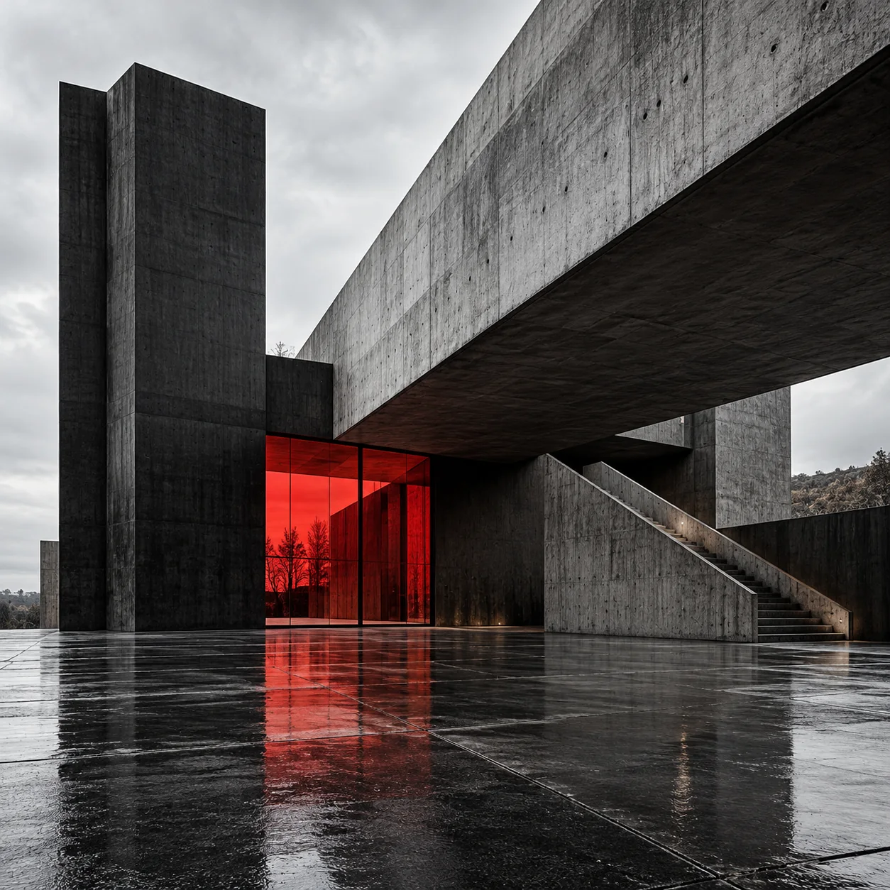 Monolithic concrete architecture with a vivid red glass entrance reflected in a rain-soaked plaza