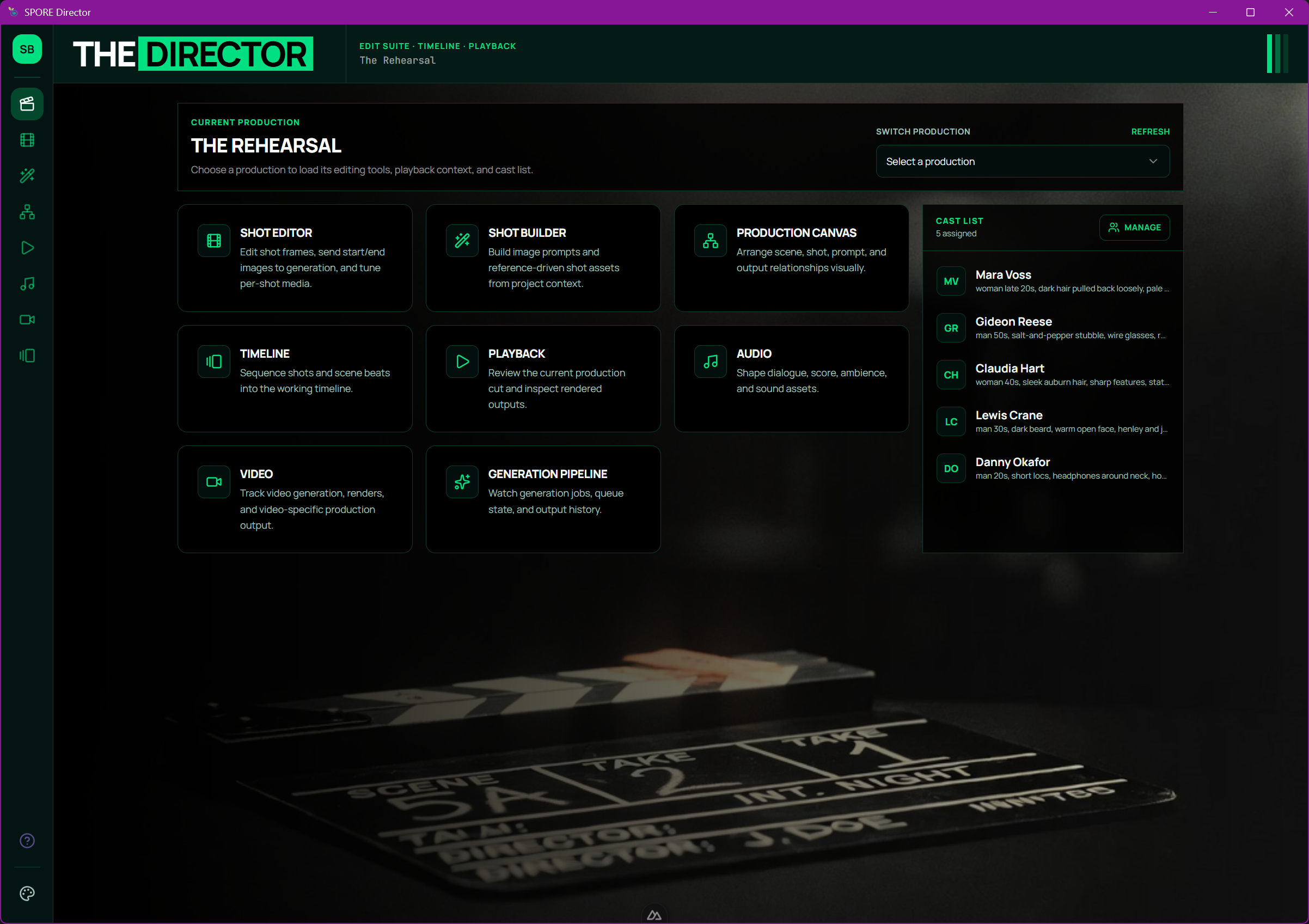 Genlock Studio Director showing production tools, cast management, editing, playback, audio, and generation workflows
